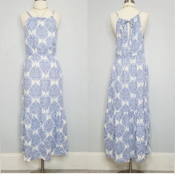 SMALL NEW Joie Blue Leaf Print Linen Viscose Rayon Blend Maxi Sundress S w/pocke